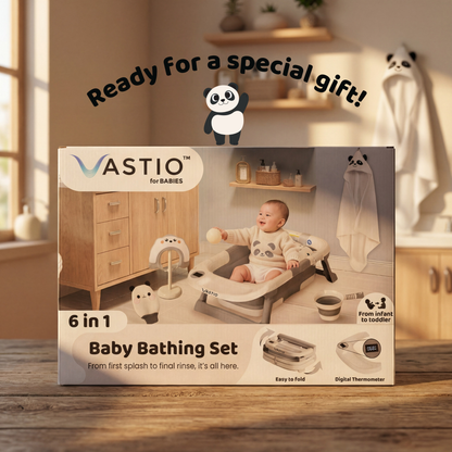 VASTIO™ 6-in-1 Collapsible Baby Bathtub Set – Foldable Baby Bath Tub & Bathing Essentials for Newborn to Toddler (0-36 months)