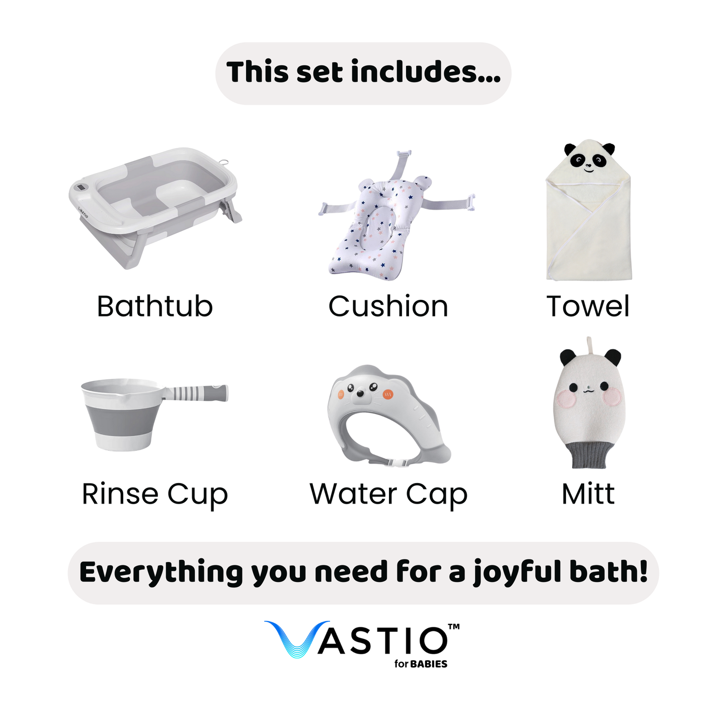 VASTIO™ 6-in-1 Collapsible Baby Bathtub Set – Foldable Baby Bath Tub & Bathing Essentials for Newborn to Toddler (0-36 months)