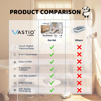 VASTIO™ 6-in-1 Collapsible Baby Bathtub Set – Foldable Baby Bath Tub & Bathing Essentials for Newborn to Toddler (0-36 months)